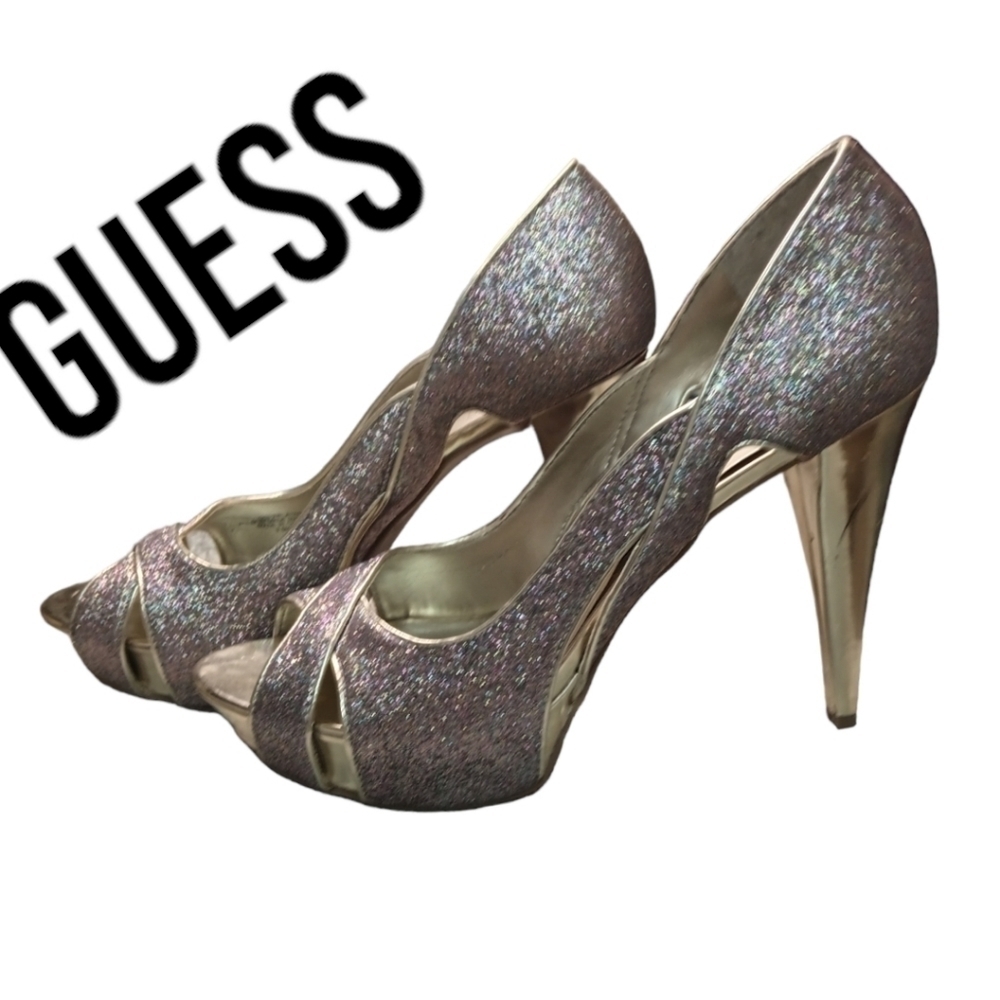 GUESS GGHARLAYAN Glitter Sparkly Platform Heels size 9.5 EUC